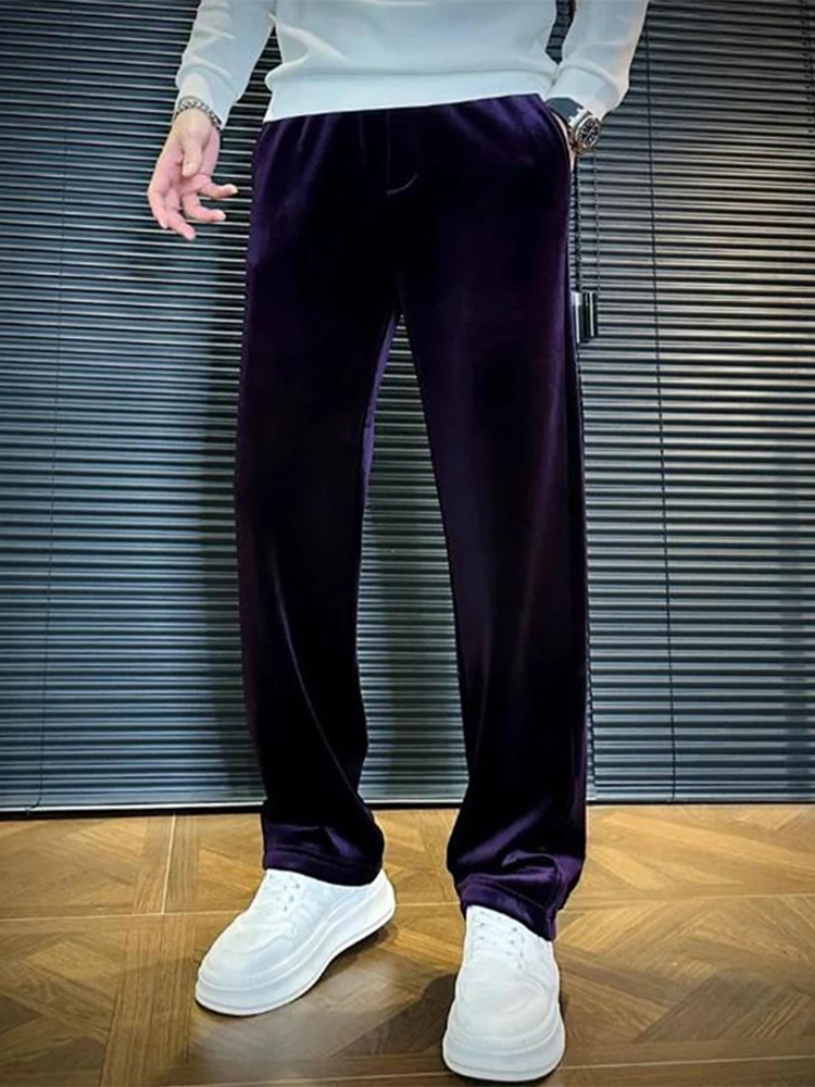 

Gold Velvet Men's Casual Pants Straight Leg Drapey Loose Fit Winter Trousers Ele Color High Waist Elastic