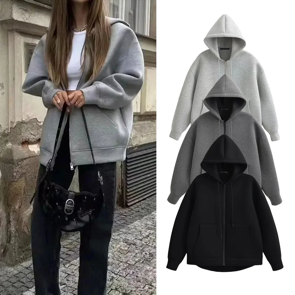 

PRINTKAOIR Осенняя женская серая куртка с капюшоном, длинным рукавом, большой карман, куртка на молнии, женское свободное повседневное пальто, топы