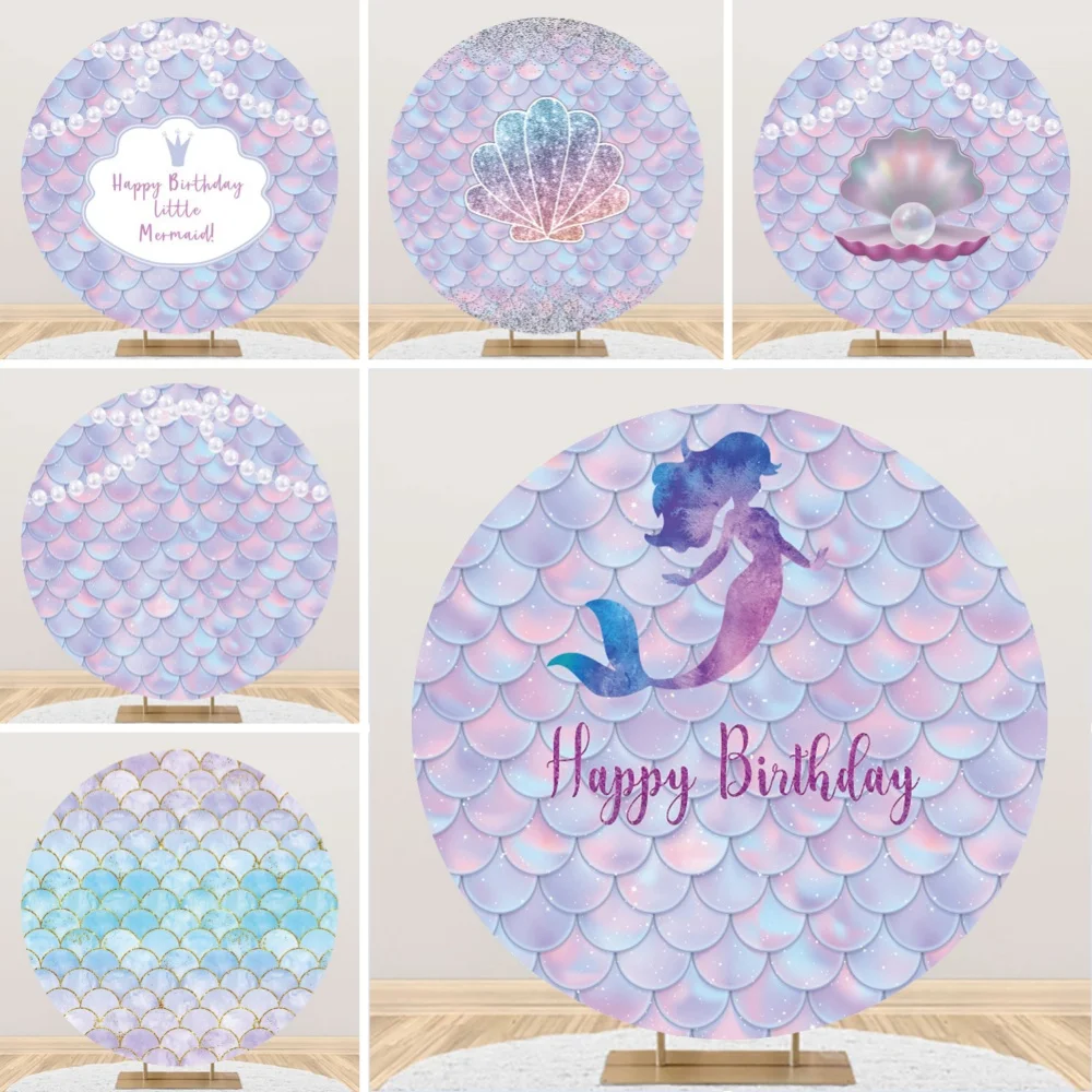 Undersea Mermaid Backdrop Scales Baby Birthday Party Baby Shower Round Elasticity Circle Photography Studio Banner Props Decor