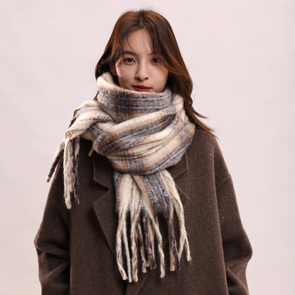 

Retro Mohair Plaid Wool Scarf Thicken Winter Cashmere Scarves Korean Style Tassel Long Shawl Autumn Winter