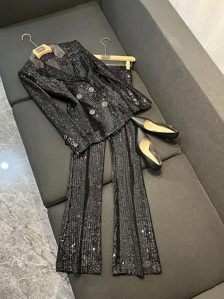 

Faionable Gold Velvet Double-Breasted Suit Jaet with iny Sequins And Micro-flared Pants Women's Ensemble Spring 2026