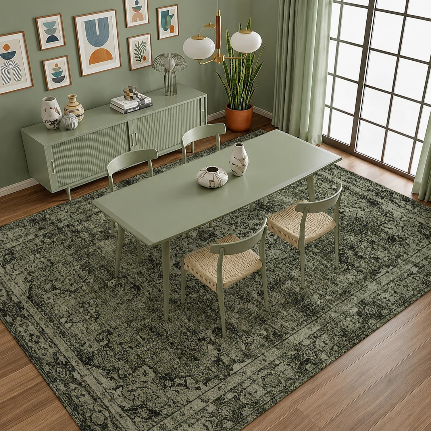 Large Indoor Area Rug, Soft Velvet Low Pile, Non-Slip Dotted Backing, Machine Washable, Vintage Distressed Oriental Medallion Muted Olive Rug for Living Room Bedroom