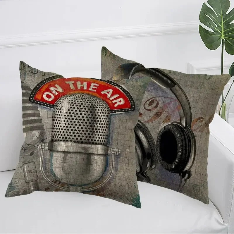 Music Style Throw Pillow Cover Guitar Microphone Headphone Theme Decorative Square Linen Cushion Cover 18X18 Inch One Sides