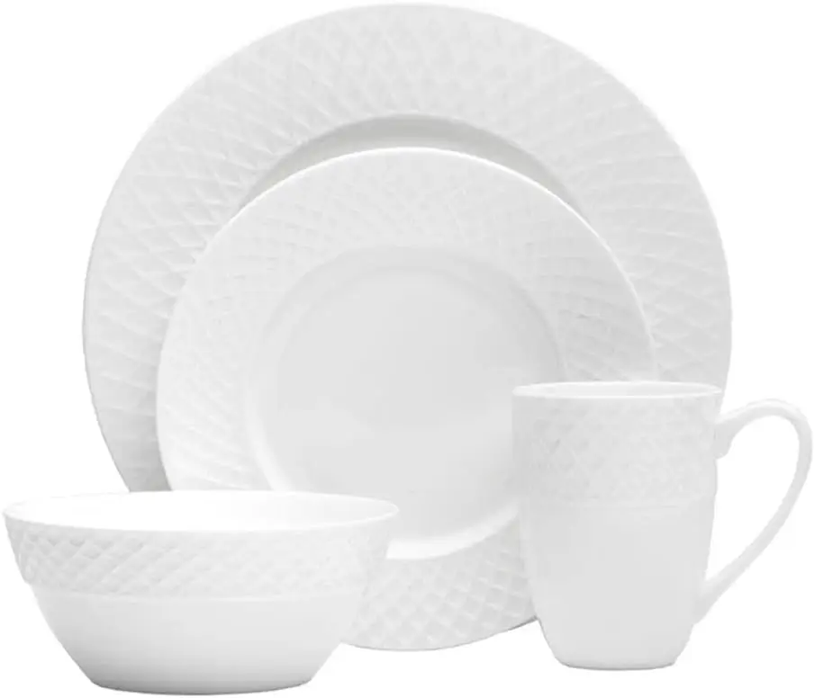 

Trellis Bone China 16-Piece Dinnerware Set, Service for 4, White Lightweight Porcelain with Textured Design, Chip-Resistant and