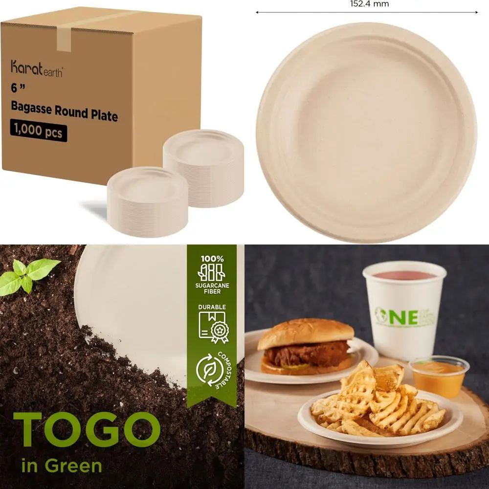 

Компостируемые 6-дюймовые натуральные биоразлагаемые тарелки — безопасные для микроволновой печи, без PFAS, объемный футляр по 1000 штук для экологически чистой столовой