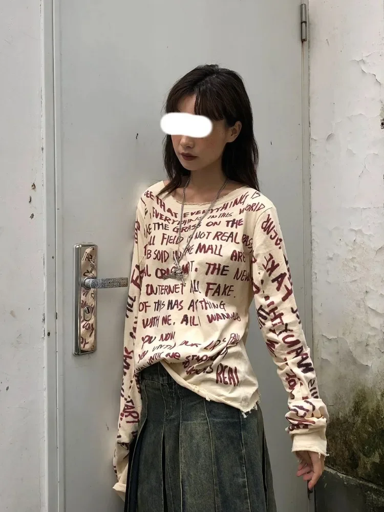 

Streetwear Punk Casual Long Sleeve Tee Shirts Y2k Grunge Letter Print Women T-shirt New Harajuku Aesthetic Loose Vintage Tshirts