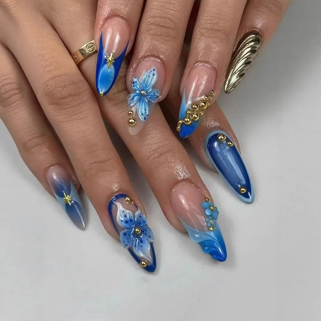

24Pcs Long Almond Press on Nails Tips Blue Edge French Fake Nails with 3D Flower Steel Ball Wearable Full Cover False Nails Art