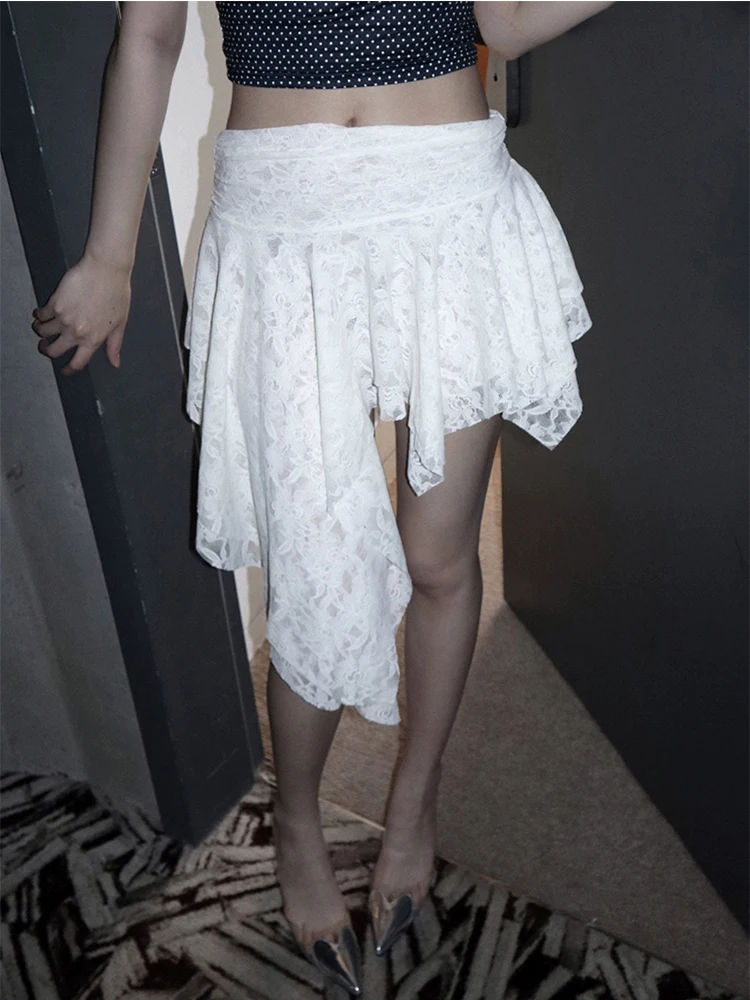 

High Waist Asymmetrical Lace f Skirt Women's Pure Desire Spicy Faionable Layering Versatile Skirt Commute Korean St...