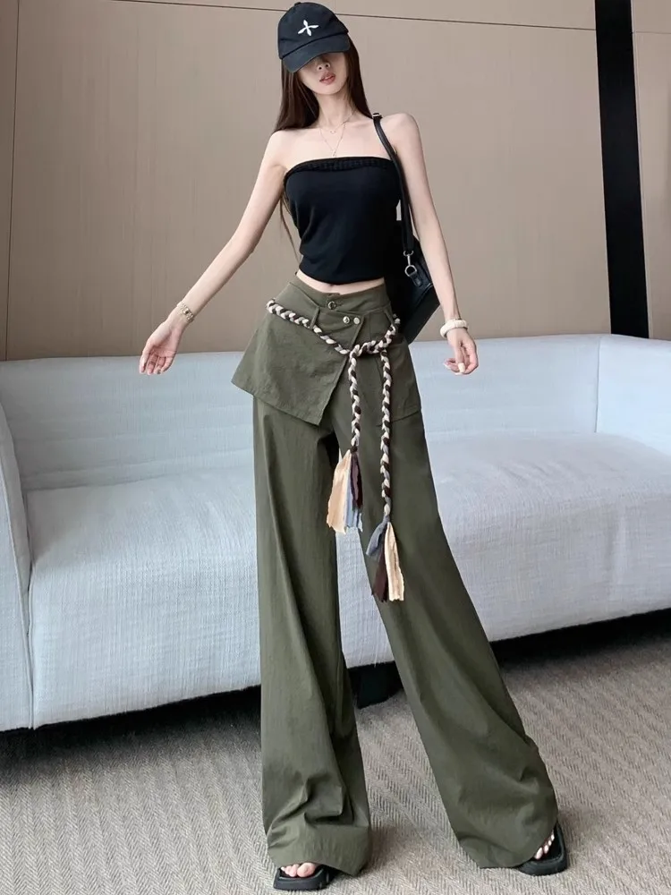 อเมริกัน Casual กางเกงทหารสีเขียวกางเกงขากว้างผู้หญิงฤดูร้อนปลอม 2 ชิ้นผายลมผ้าม่านเอวสูงเผ็ดสาวชั้นกางเกง