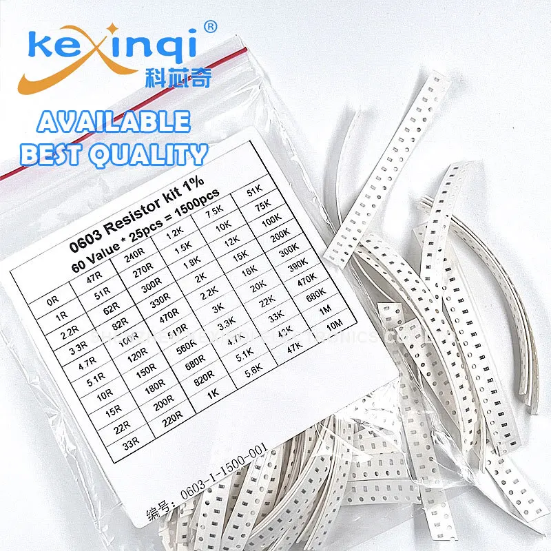 

1500Pcs set of Resistors 0603 SMD Resistor Assorted Kit 1R-10M ohm 1% 60 valuesX 25pcs Sample Kit Bag