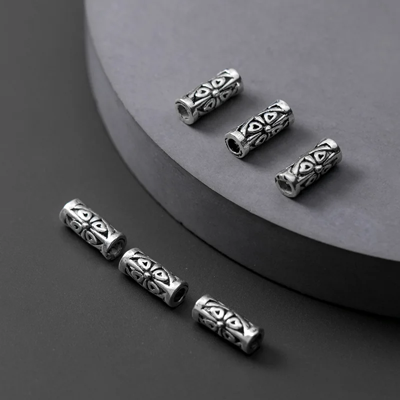 1pc/lot 925 Sterling Silver Clover Flower Tube Beads 9x4mm Antique Black Braided Rope Silver Spacers DIY Jewelry Accessories