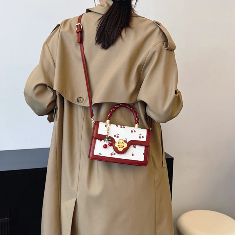 Süße Umhängetasche Mode Kirsche Drucken Top-Griff Damen Luxus Quadratische Schulter Tasche Frauen Hohe Qualität Sling Geldbörse – Detail 5