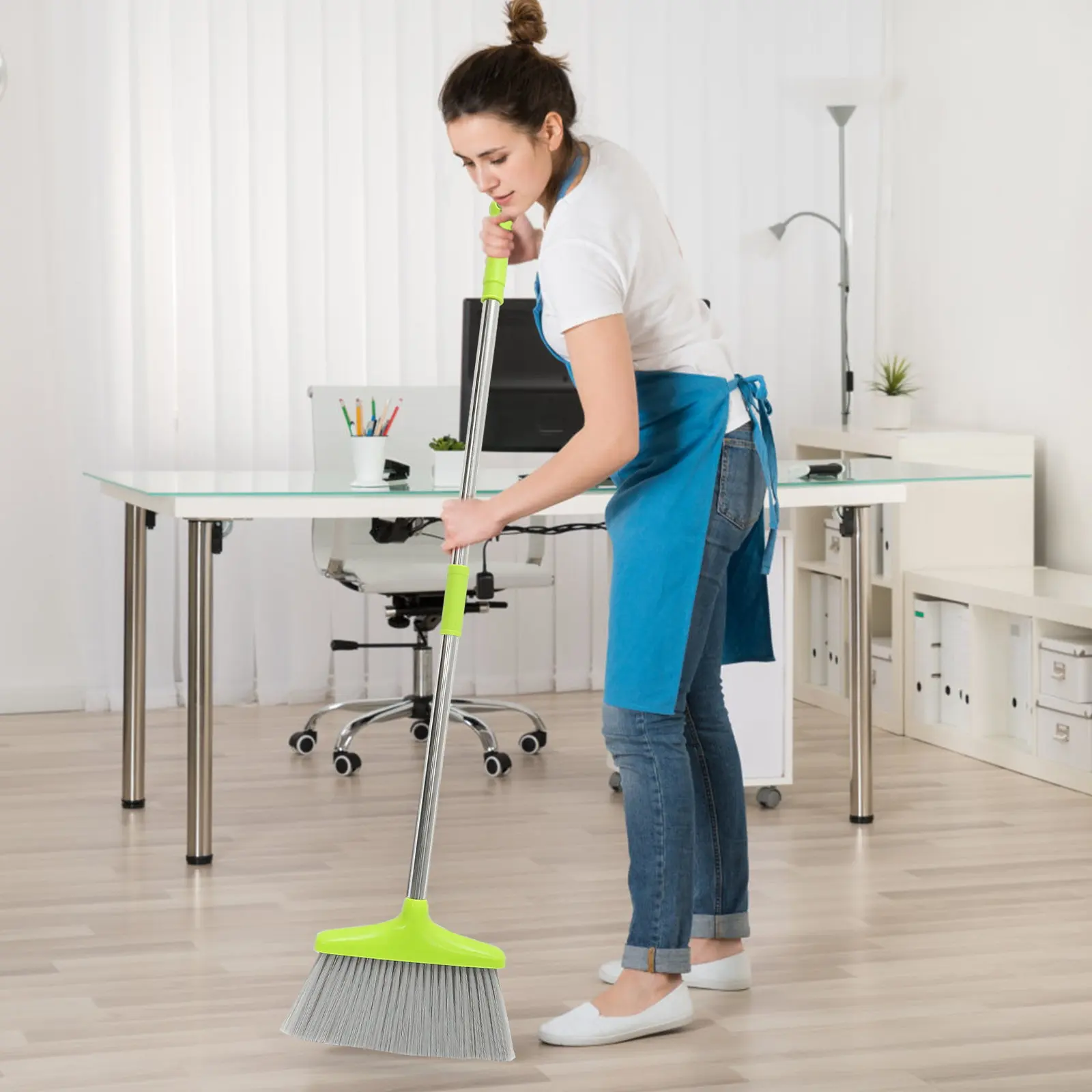 1Set Stainless Steel Broom and Dustpan Kit Long Handle Standup Cleaning Tool for Indoor Office Lobby Warehouse Rv Hardwood