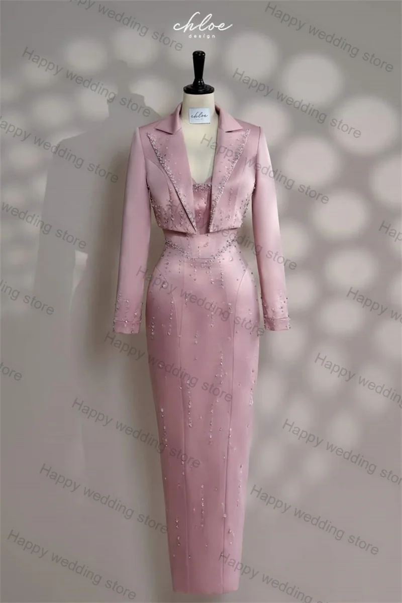 

Pink Women Suit Skirt Set 2 Piece Blazer+Prom Dress Luxury Crystals Formal Office Lady Jacket Customized Wedding Party Coat