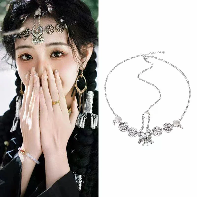 

Fashion Vintage Hollow Geometry Flower Head Chain Hairbands Bride Hair Accessories Women Layered Tassel Headband Party