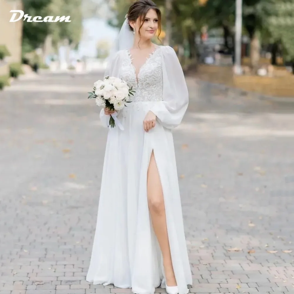 

DREAM Long Puff Sleeves V Neck Chiffon Wedding Dress High Side Slit Lace Appliques Illusion A Line Floor Length Bridal Gown