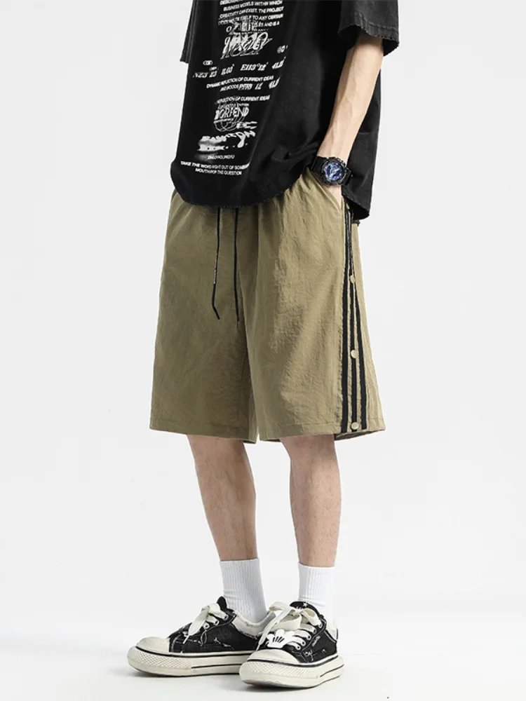 

Мужские шорты из ледяного шелка, летние, с разрезами, на пуговицах, тонкие, быстросохнущие, спортивные, в американском стиле, для баскетбола, повседневные