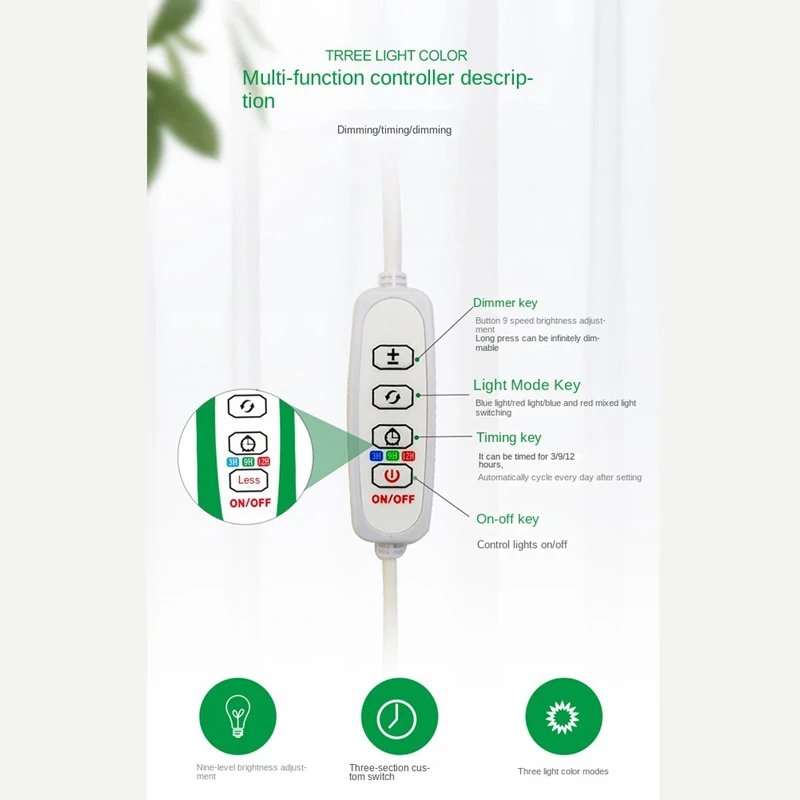 ABKO-LED Grow Light Full Spectrum Plant Growth Light Height Adjustable Dimmable Growing Lamp With Timer For Indoor Plants