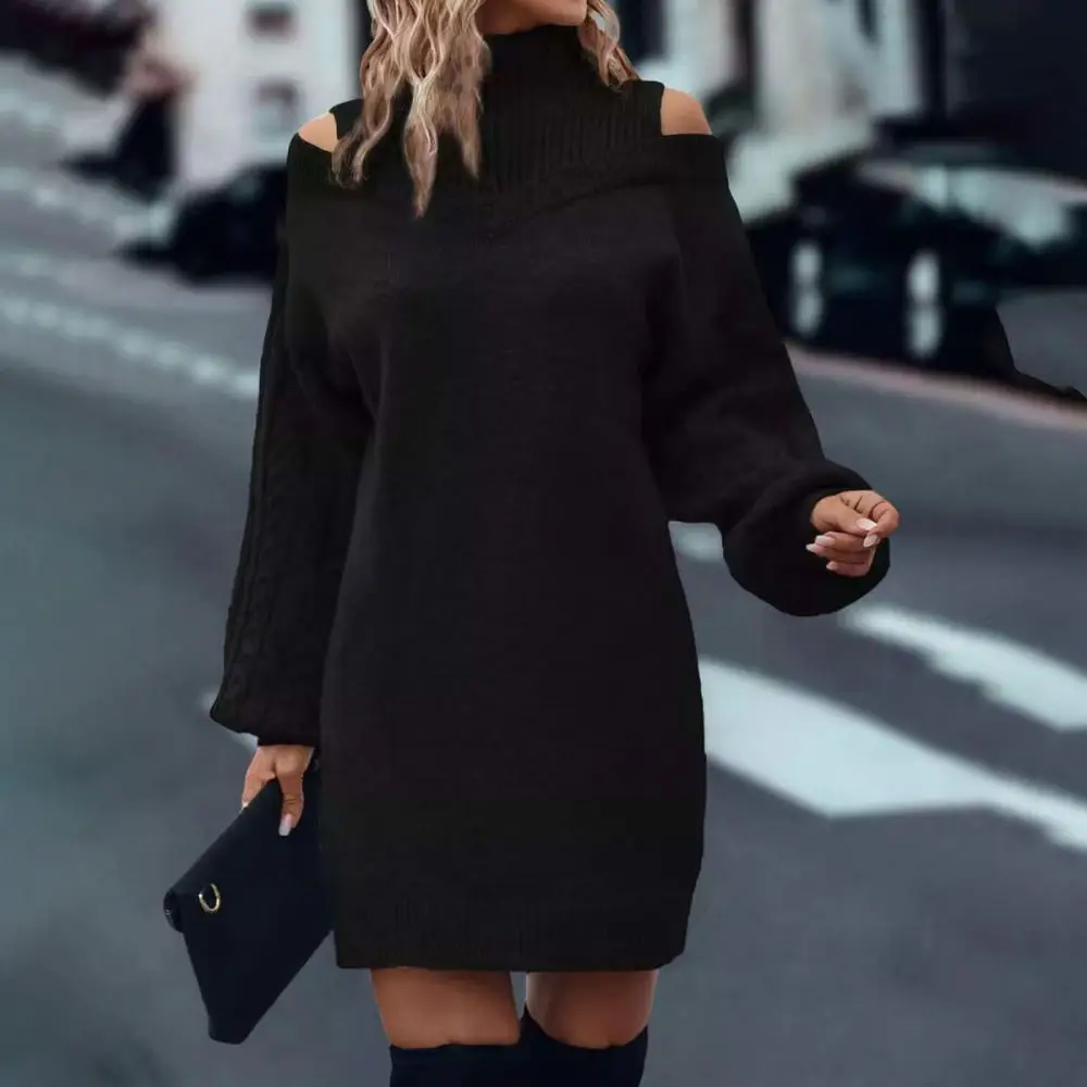Womens Elegant Sweater Autumn Winter Loose Pullover Cold Shoulder Mock Neck Knitwear Lantern Sleeve Fashion Daily Top