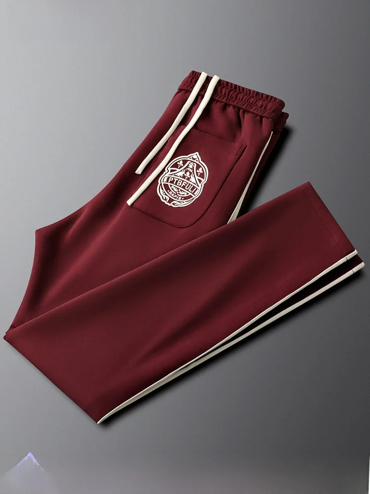 

Red Spor Casual Pants for Men Slim Fit Straight Leg Side Stripe Elastic Waist Belted Sweatpants Autumn Faion Trend