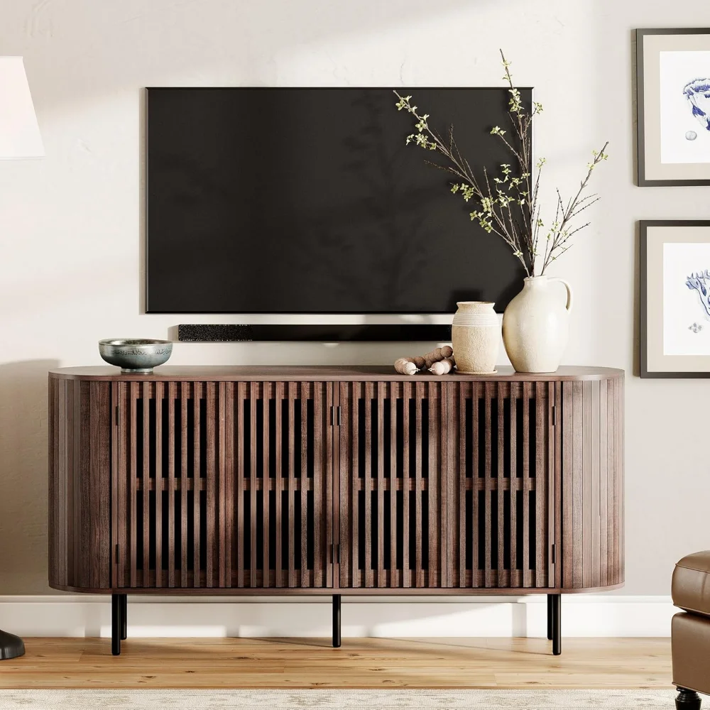 

64.4" Fluted TV Stand,Wood Entertainment Center for TVs Up to 70 inches,Curved Edge Media Console Table with Doors