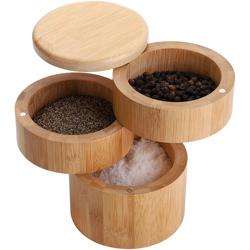 3 Tiers Bamboo Salt Box,Bamboo Spice Box with Magnetic Swivel Lid for Salt,Spices,Seasoning,Pepper Holder Box with Cover