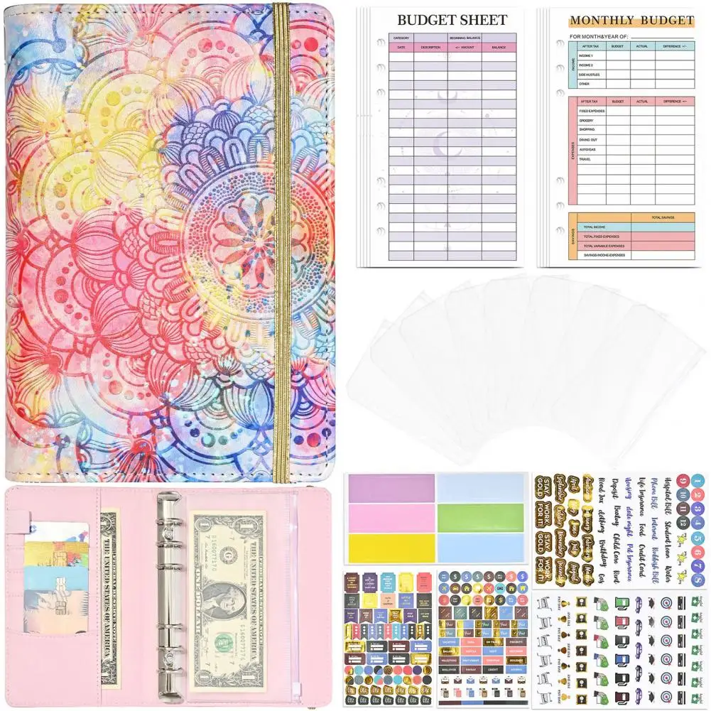 Planner Notebook Flower Printed A6 Binder Stylish Multi-purpose Notebook with Zipper Envelopes for Cash Cards Savings