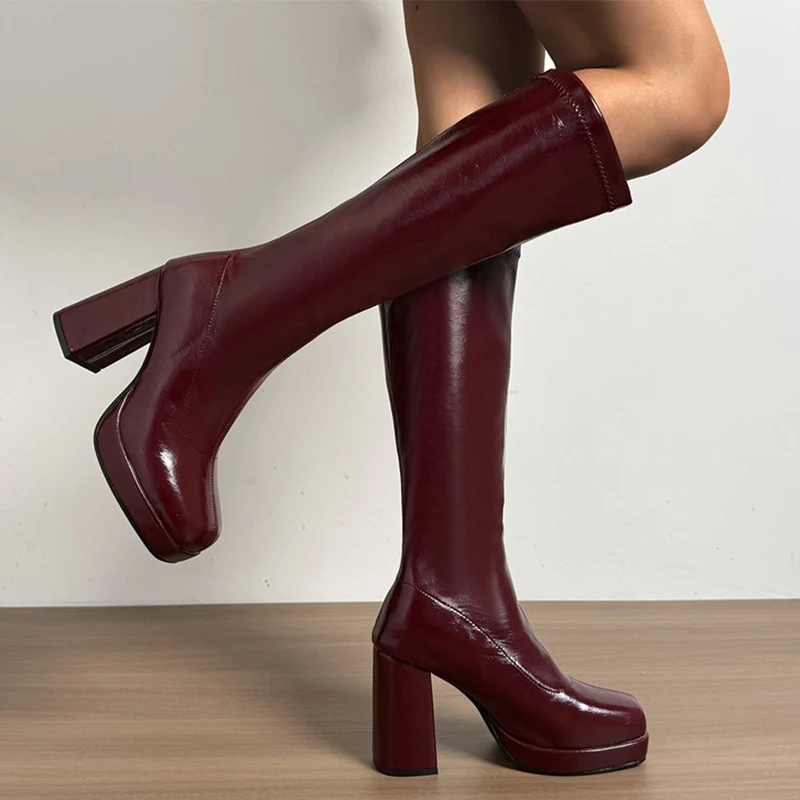 Weinrote Lacklederstiefel für Damen, sexy, eckige Zehenpartie, lange Plateausohle, superhoher Absatz, Botas Mujer – Detail 11