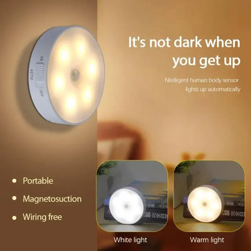 Motion Sensor LED Wireless Night Light Bedroom Lamp USB Rechargeable Energy-saving Automatic Wall-Mounted Body Induction Lamp