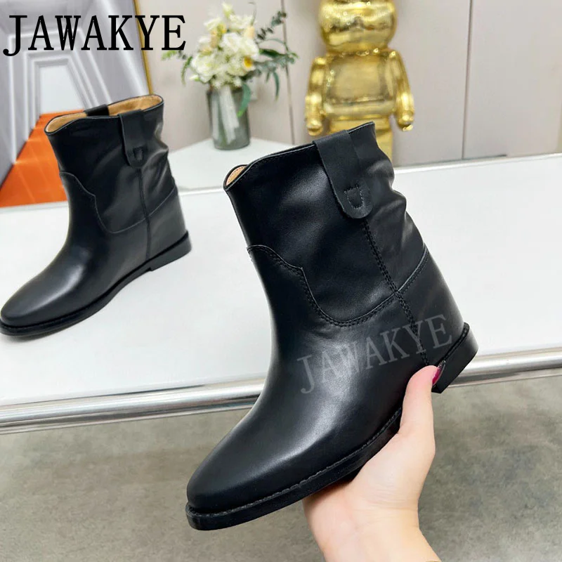 Botki damskie ze szpiczastym noskiem w stylu Vintage buty klinowe zamszowe skórzane damskie designerskie buty zachodnie Chelsea Boots Botas Mujer