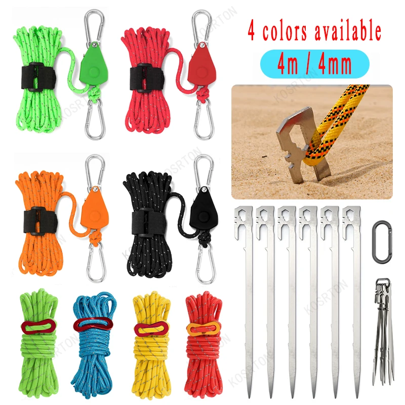 4pcs4m Camping Rope Ground Nail Tent Rope Tensioner Fastener Fixed Buckle Pulley Ratchet Hangers Lights Camping Awning Wind Rope