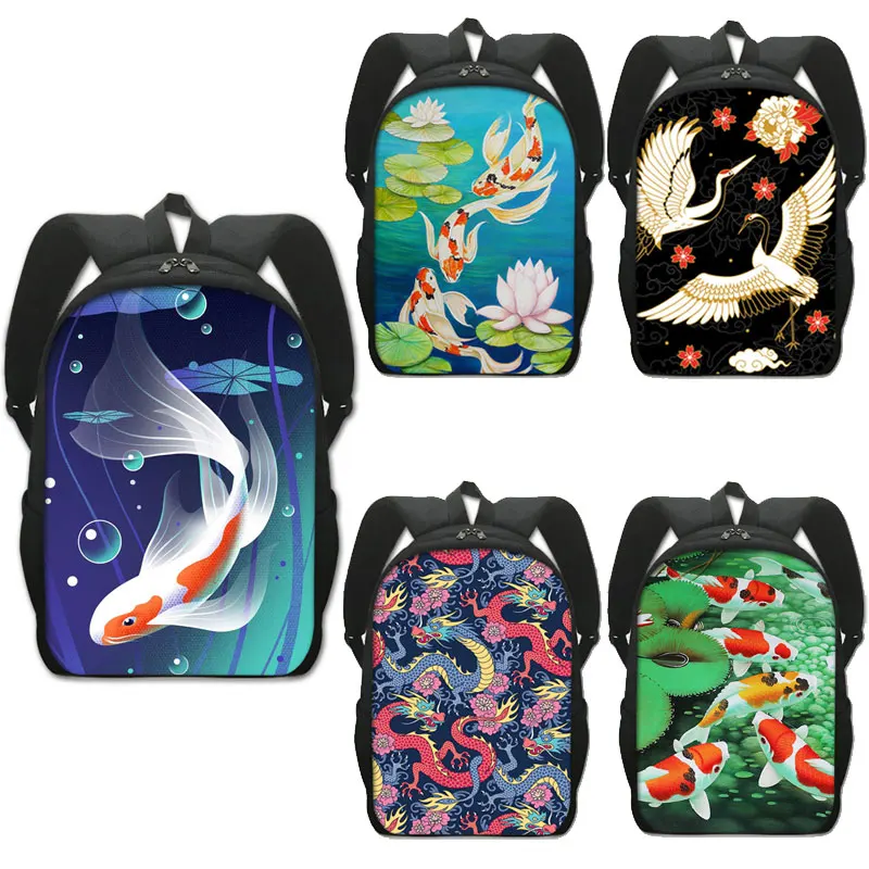 

Lively Koi Fish Print Rucksack Women Classical Schoolbag Good Luck Fish Backpack Teenagers Large Capability Student Bags Gift