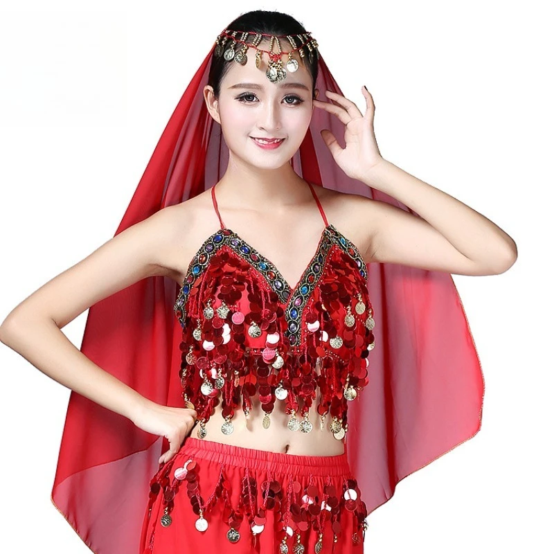 Ladies Belly Dance Bra Top Colorful Sequins Fringe V-Neck Spaghetti Strap Mesh Base Stage Performance Costume