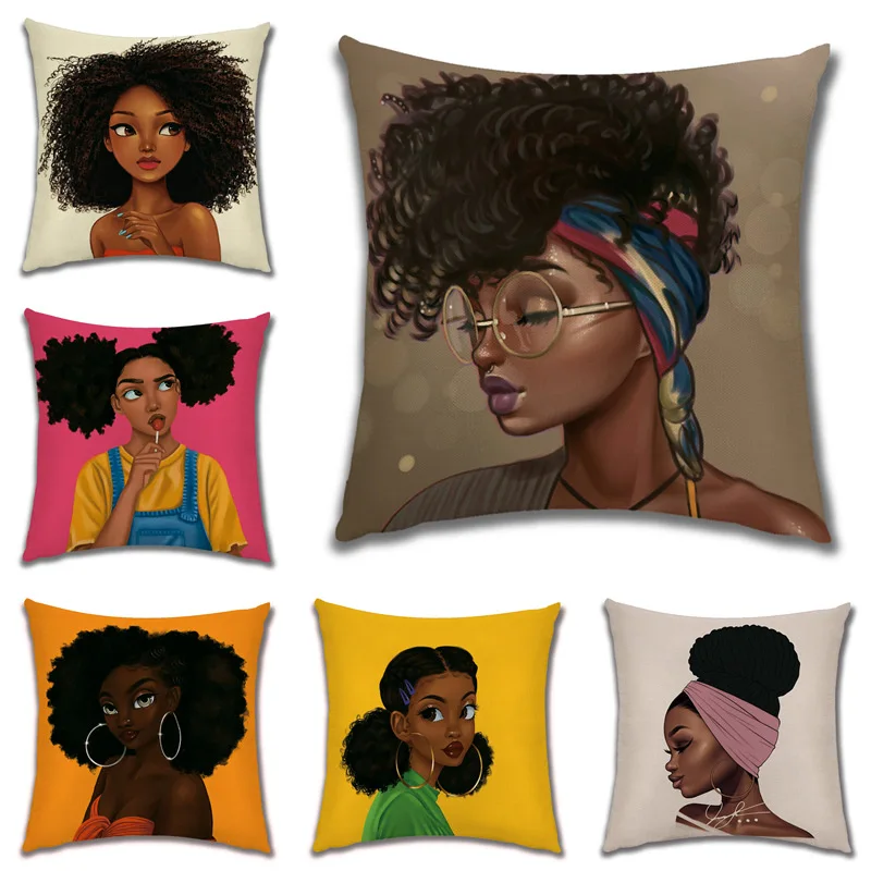 African Girl Lady Oil Painting Decorative Cushion Black Women Home Art Decoration Sofa Throw Pillow Case Linen Cushion Cover