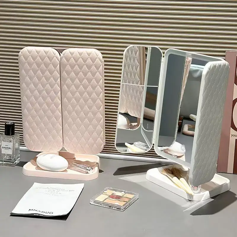 LED-Schminkspiegel für den Schreibtisch mit Licht, Ins-Stil, dreiseitig klappbar, Schlafsaal-Desktop, Schönheits- und Schlafzimmer-Schminkspiegel,
