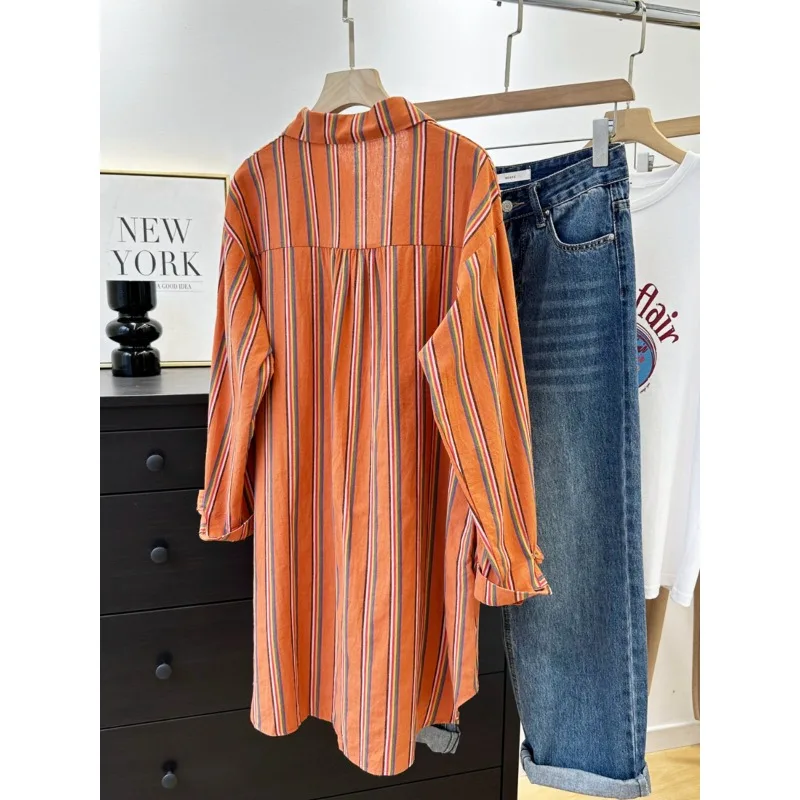 Label Collar Retro Striped Shirt Jacket Women's Loose Casual Medium and Long Shirt 5