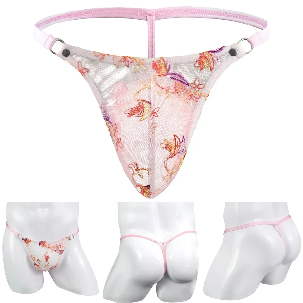 Sexy Men Gay Thongs Jockstrap Pouch Underwear Floral Embroidery Transparent Panties Low Waist Mini Briefs Sissy Erotic Lingerie