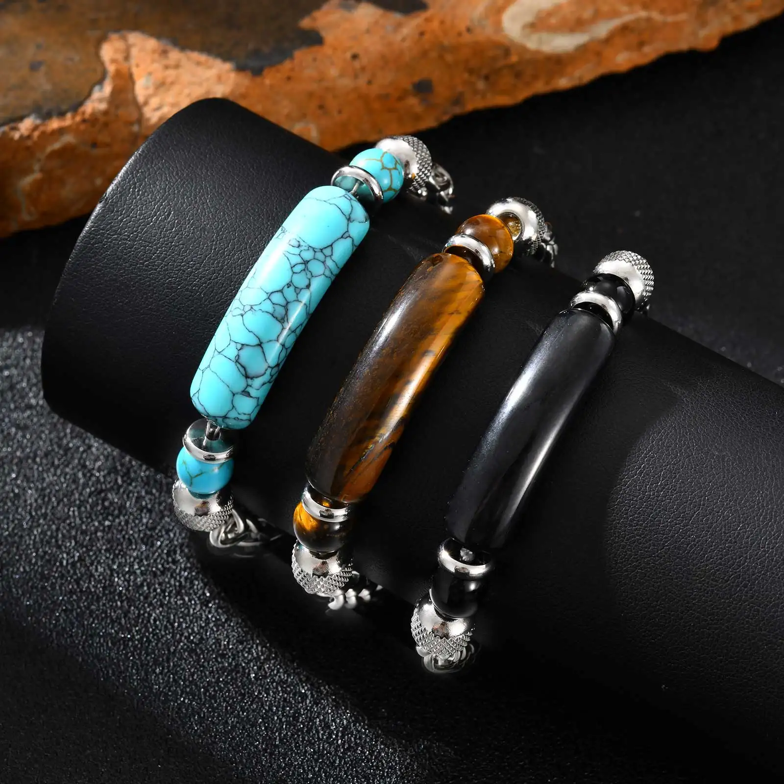Bracelet Turquoise en pierre d'oeil de tigre naturelle pour hommes, Bracelet réglable en acier inoxydable, cadeau de bijoux à la mode Punk