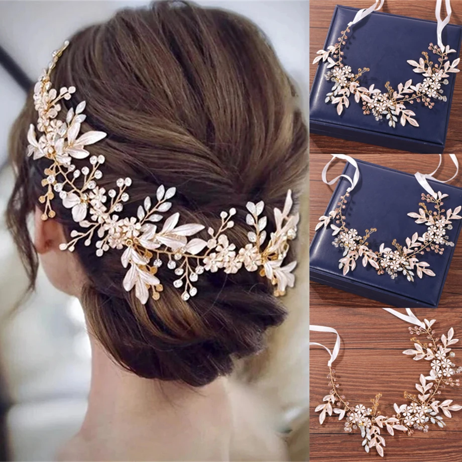 Champagne Alloy Crystal Beads Flower Bride Headbands Hair Comb Princess Bridal Ribbon Hairband Wedding Hair Accessories Crown