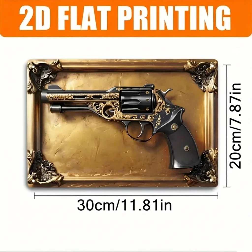 Vintage Metal Tin Sign, Black Gold Engraved Revolver Ornate Retro Frame Home Bar Wall Decor Plaque