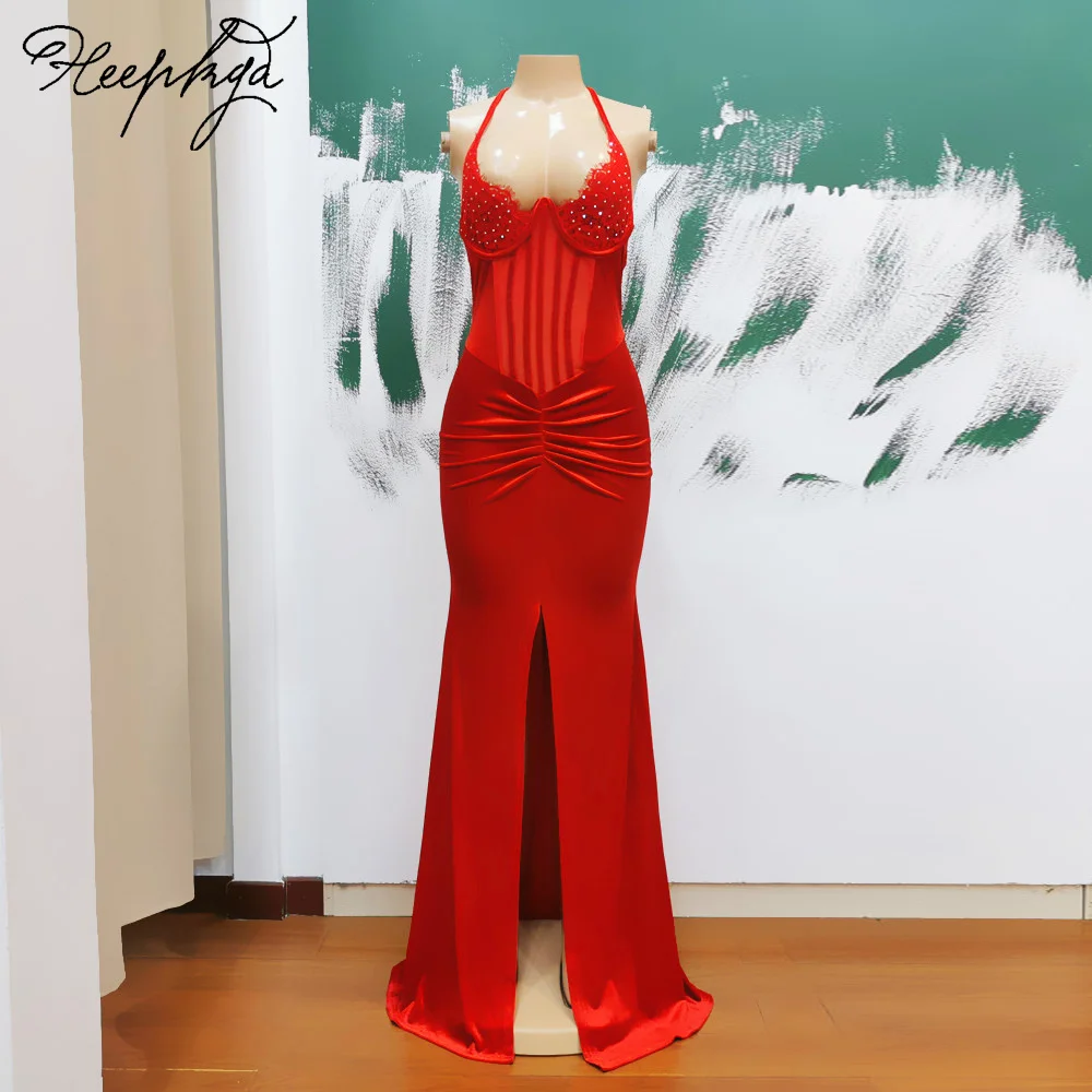 

Red Mermaid Backless Velour Evening Dress Halter Front Split Crystals Lace Sexy Prom Party Gowns 2024 Wholesale Women Dresses