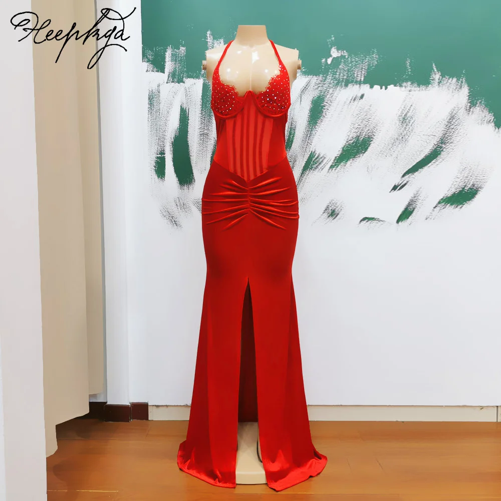 Red Mermaid Backless Velour Evening Dress Halter Front Split Crystals Lace Sexy Prom Party Gowns 2024 Wholesale Women Dresses