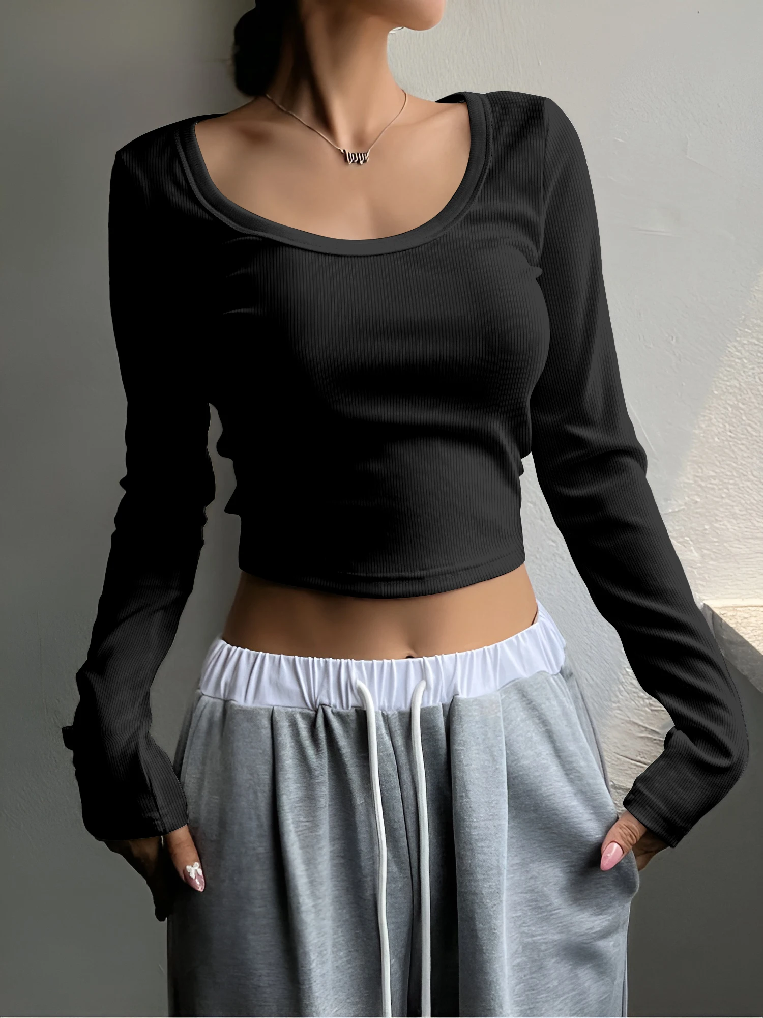 Urban Leisure Slim Crop Long Sleeve Top, Square Neck Knitwear for Weekend Casual Plans