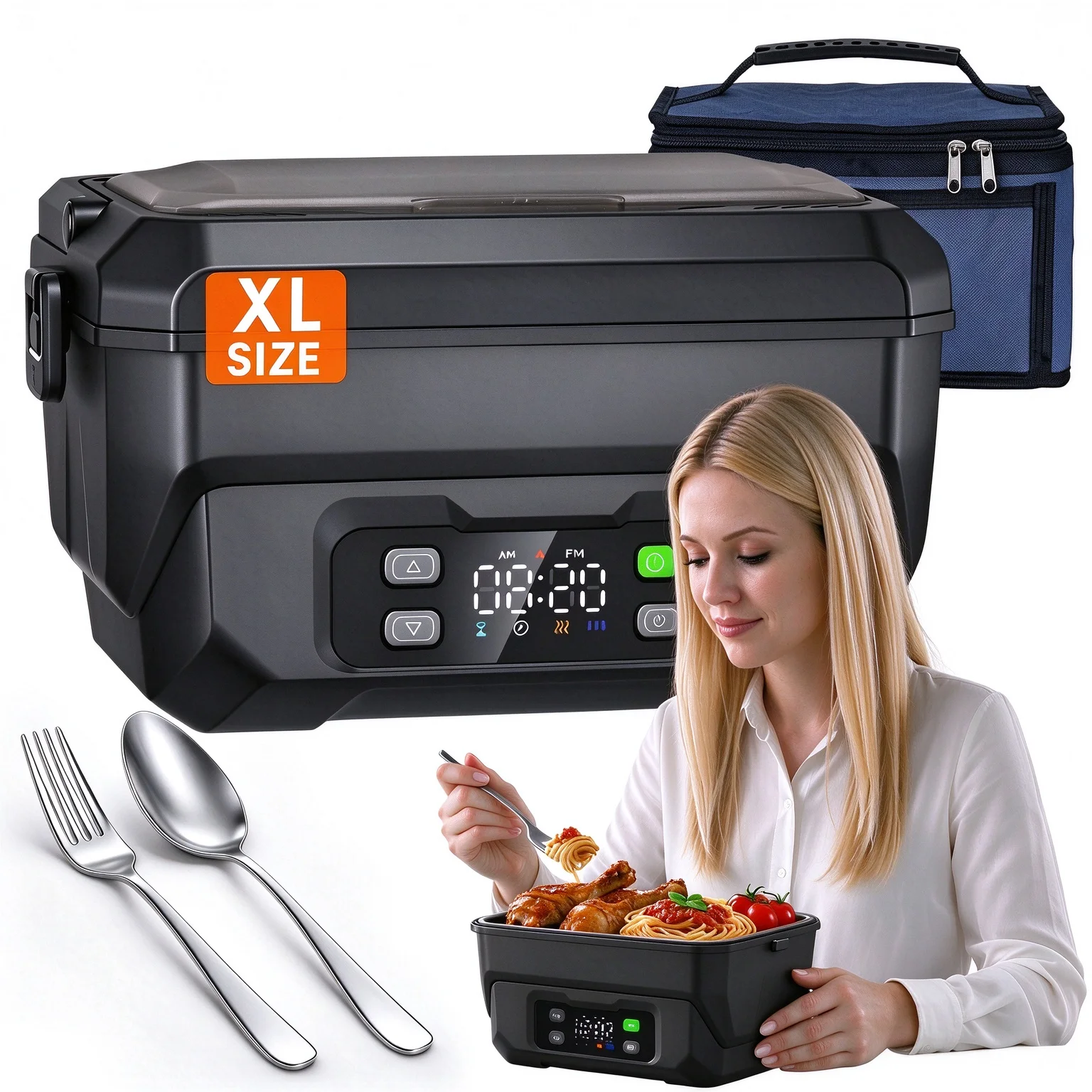 Adult Heated Lunch Box, Portable Insulated Lunch Box, Food Container, Suitable for Offices, Outings, and Construction Sites Rechargeable Battery Powered Food Warmer, Portable Reheatable 1.5L Stainless Steel,