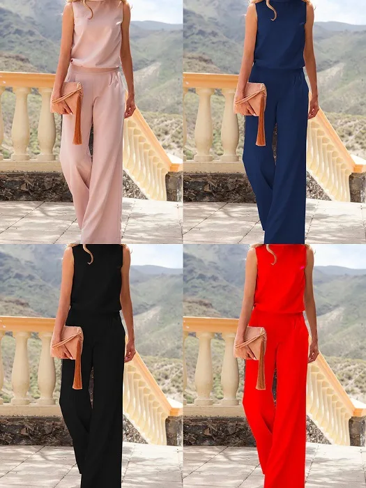 

Jumpsuits Women Round Neck Sleeveless Tops Suits Wide Leg Pants Rompers Ladies Loose Casual One Piece Overalls Playsuits