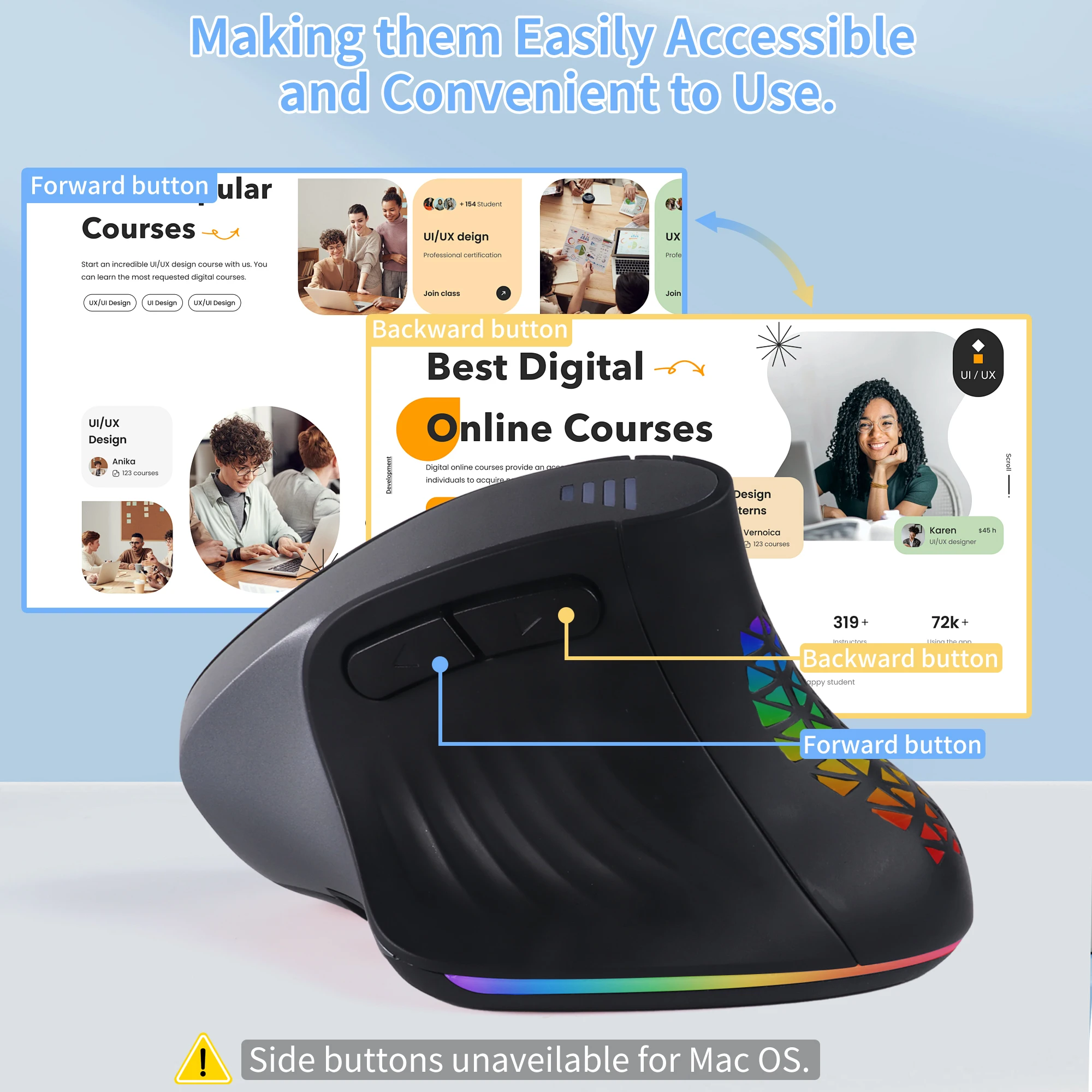 Vertical Mouse Ergonomics Design Rechargeable RGB Light Effect Wireless 2.4G Bluetooth Dual-mode Office Use Mouse Mute Button