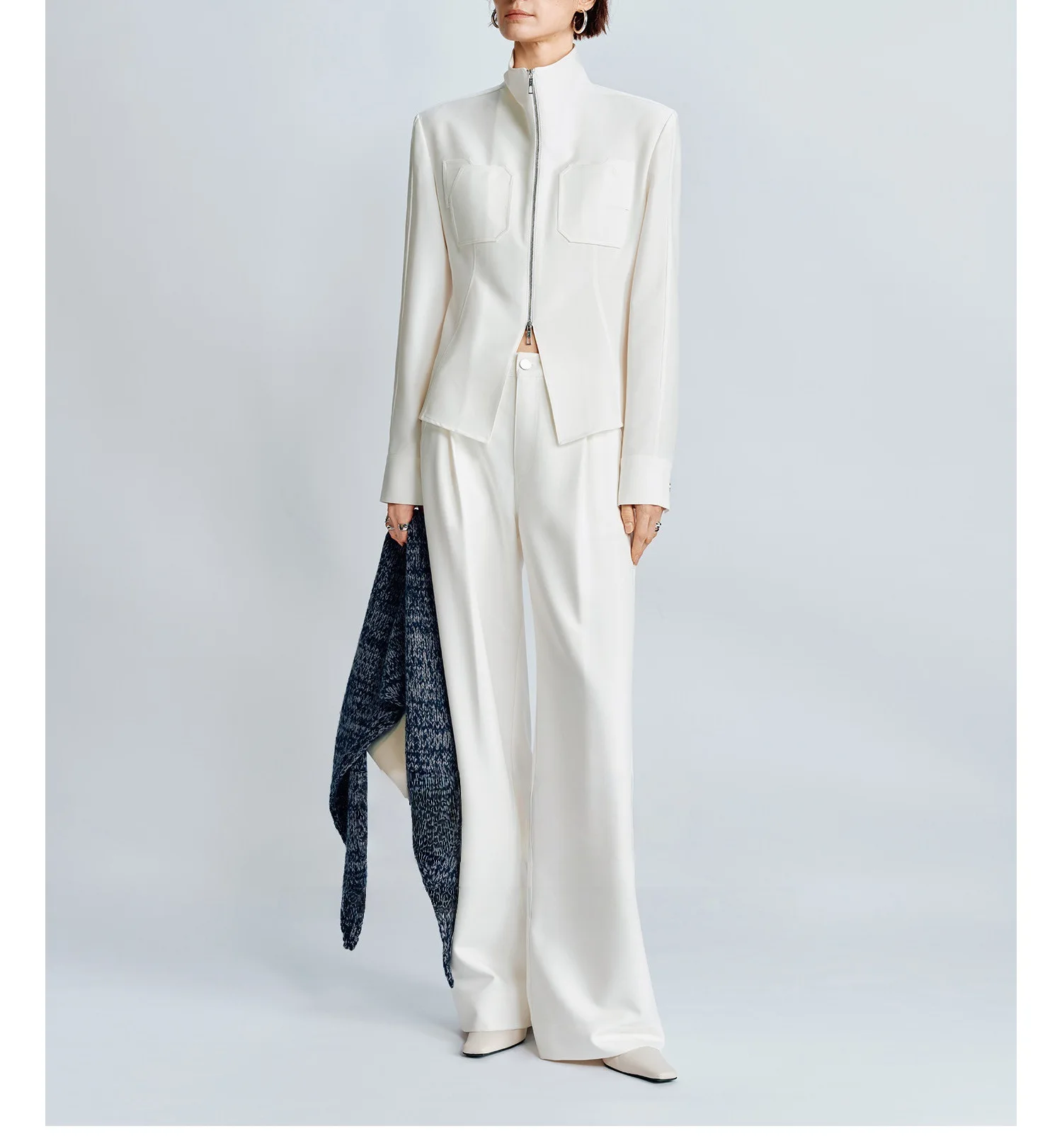 

BJTZ Women Plain Texture Two Piece Set Double Zipper Shirt Pleated Wide Leg Pants Elegant Commute Wear