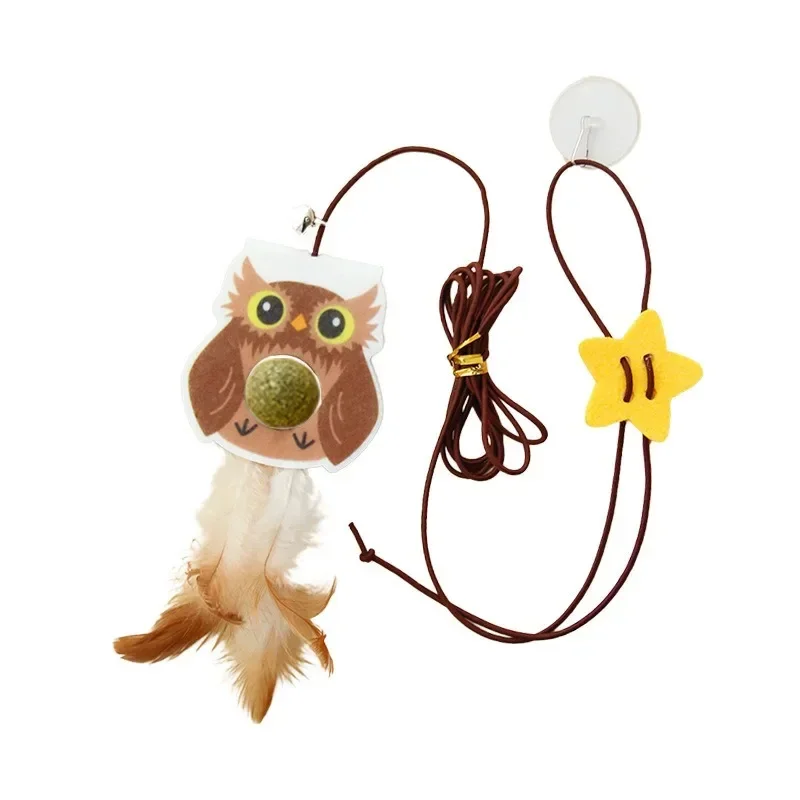 Cartoon Cat Toys Hanging Door Style Elastic Rope Feather Amusing Cat Stick Catnip Toys Interactive Boredom Relief Pet Supplies