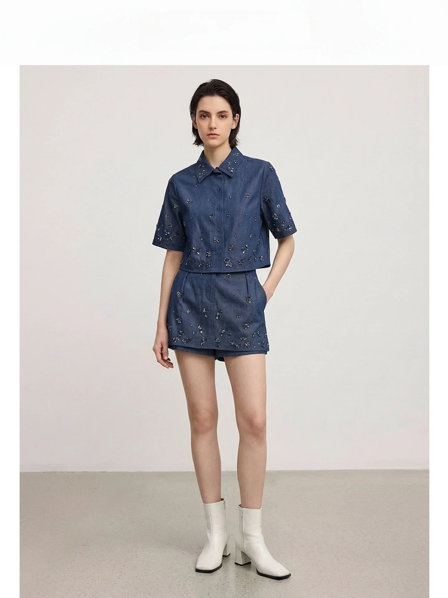 

Retro Heavy Embellied ort Sve irt And orts Set Women's Summer Slimming Design Denim Two Piece Set High Waist orts