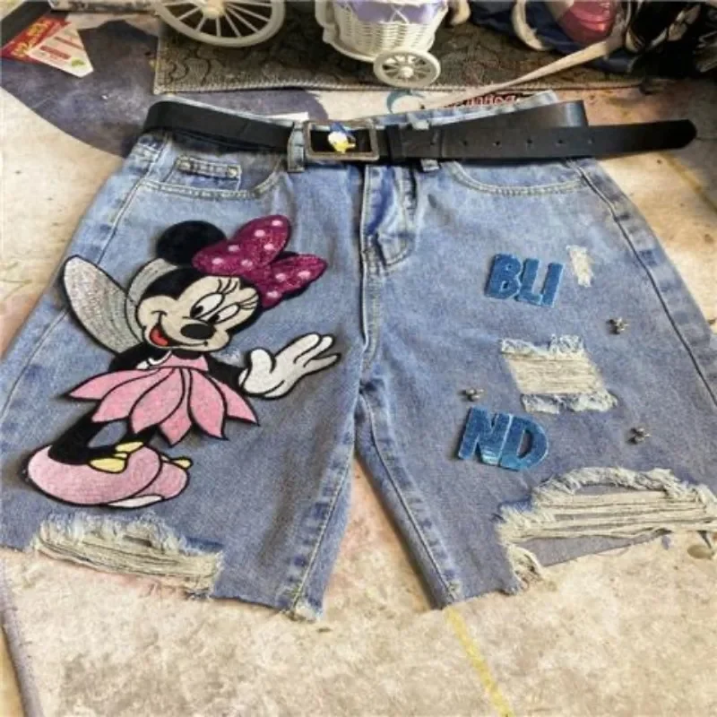ديزني عالية الجودة الكرتون ميني الشريط مسمار حبة حفرة ضوء الملونة الدنيم السراويل للنساء فضفاضة مستقيم الساق طول الركبة السراويل #5